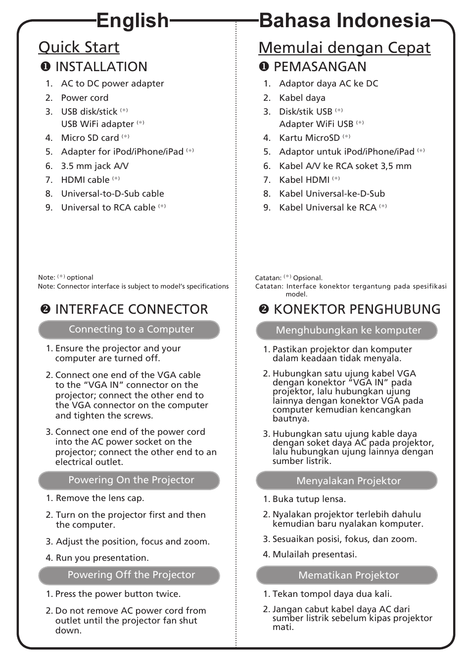 English, Bahasa indonesia, Quick start | Memulai dengan cepat, Installation, Interface connector, Pemasangan, Konektor penghubung | Acer K130 User Manual | Page 2 / 17