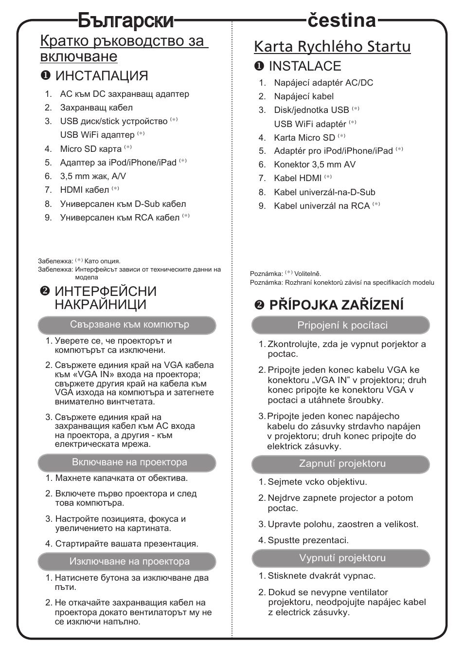 Čestina, Български, Karta rychlého startu | Кратко ръководство за включване, Instalace, Přípojka zařízení, Иhctaпaция, Интерфейсни накрайници | Acer K130 User Manual | Page 3 / 17