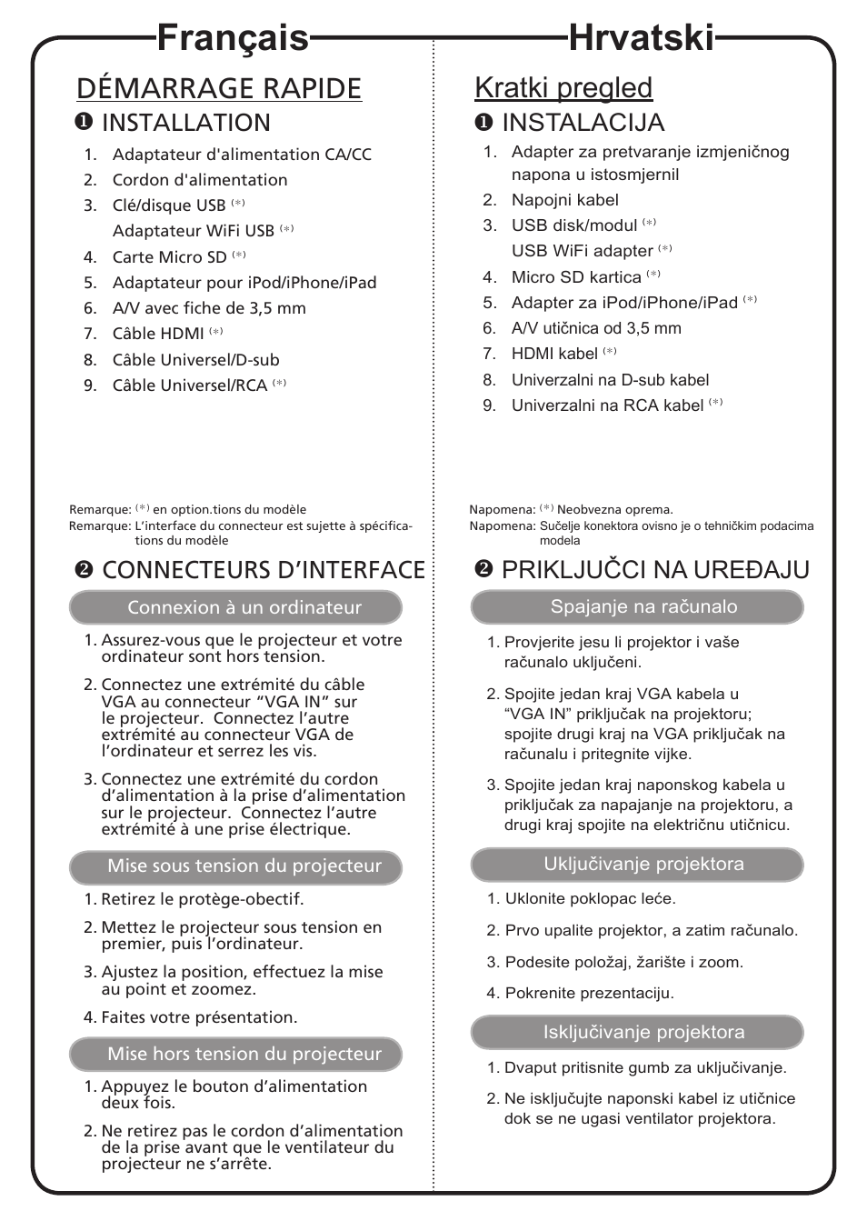 Français, Hrvatski, Démarrage rapide | Kratki pregled, Installation, Connecteurs d’interface, Instalacija, Priključci na ureðaju | Acer K130 User Manual | Page 6 / 17