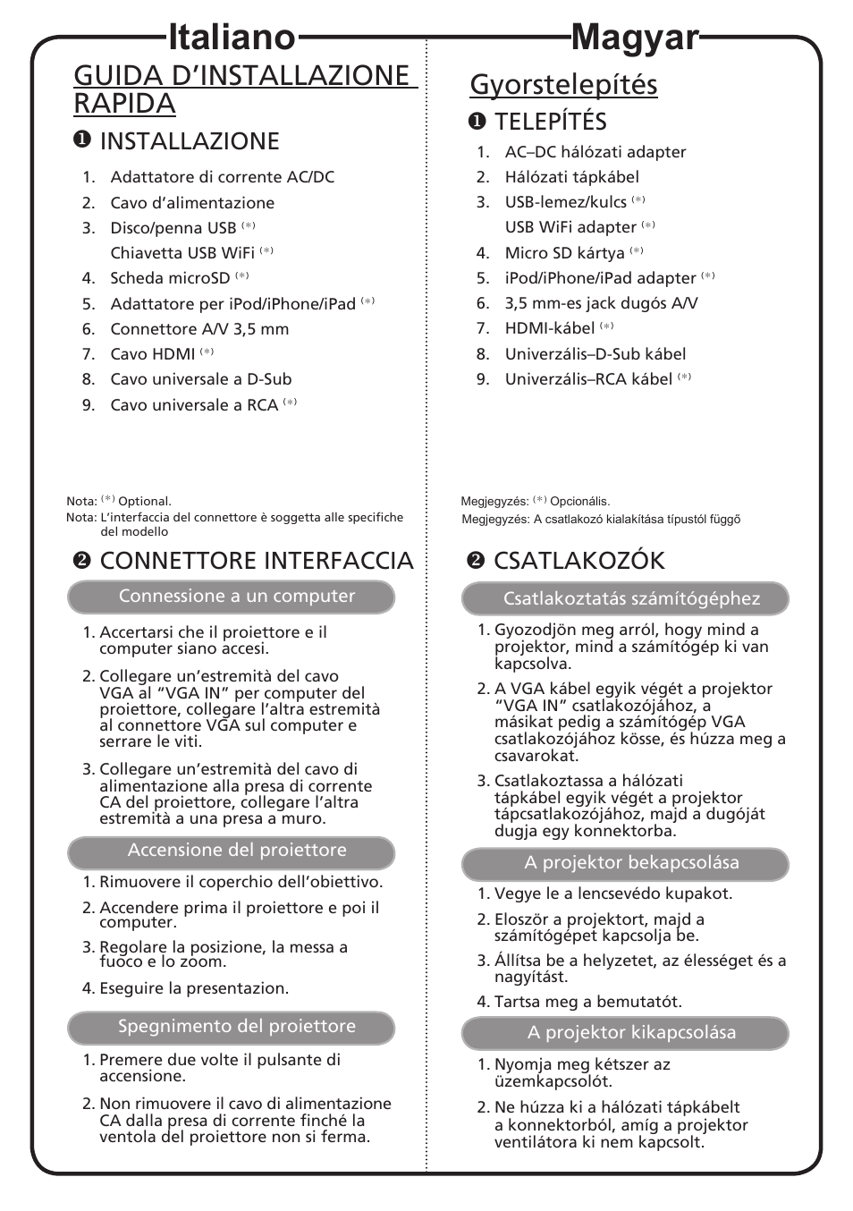 Magyar, Italiano, Gyorstelepítés | Guida d’installazione rapida, Telepítés, Csatlakozók, Installazione, Connettore interfaccia | Acer K130 User Manual | Page 7 / 17