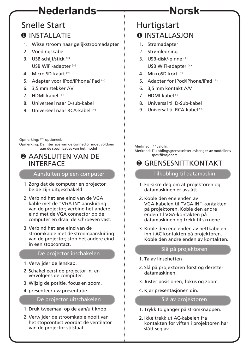 Nederlands, Norsk, Snelle start | Hurtigstart, Installatie, Aansluiten van de interface, Installasjon, Grensesnittkontakt | Acer K130 User Manual | Page 8 / 17