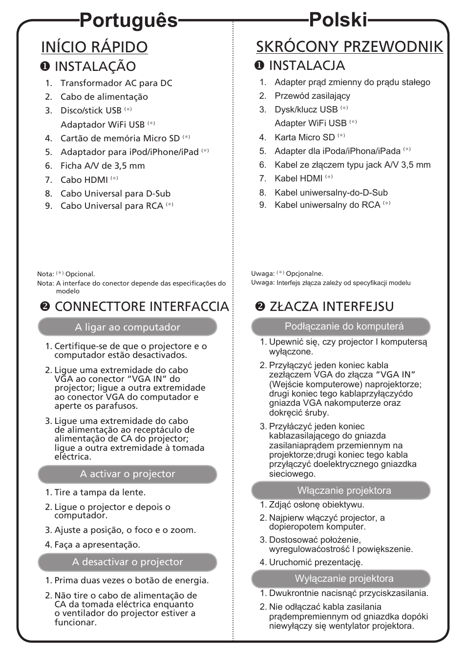 Português, Polski, Início rápido | Skrócony przewodnik, Instalação, Connecttore interfaccia, Instalacja, Złacza interfejsu | Acer K130 User Manual | Page 9 / 17