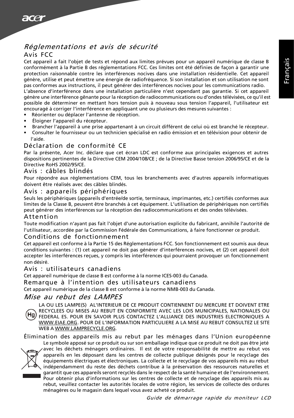 Mise au rebut des lampes, Réglementations et avis de sécurité, Fr an ça is | Acer G195W User Manual | Page 11 / 55