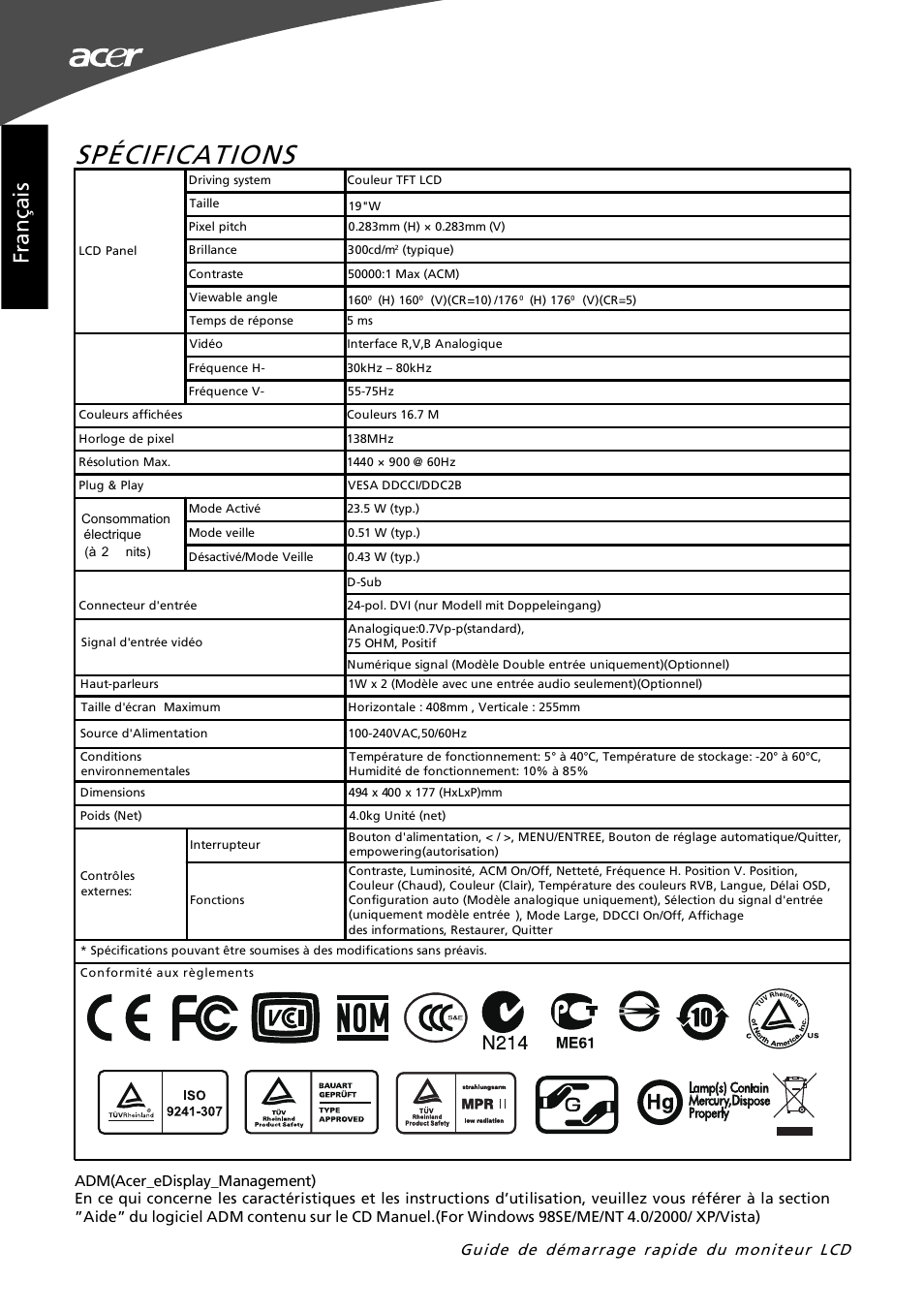 Spécifications, Fr an ça is, Guide de démarrage rapide du moniteur lcd | Acer G195W User Manual | Page 12 / 55