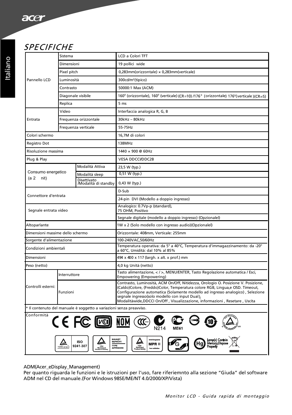 Specifiche, On ail ati | Acer G195W User Manual | Page 16 / 55