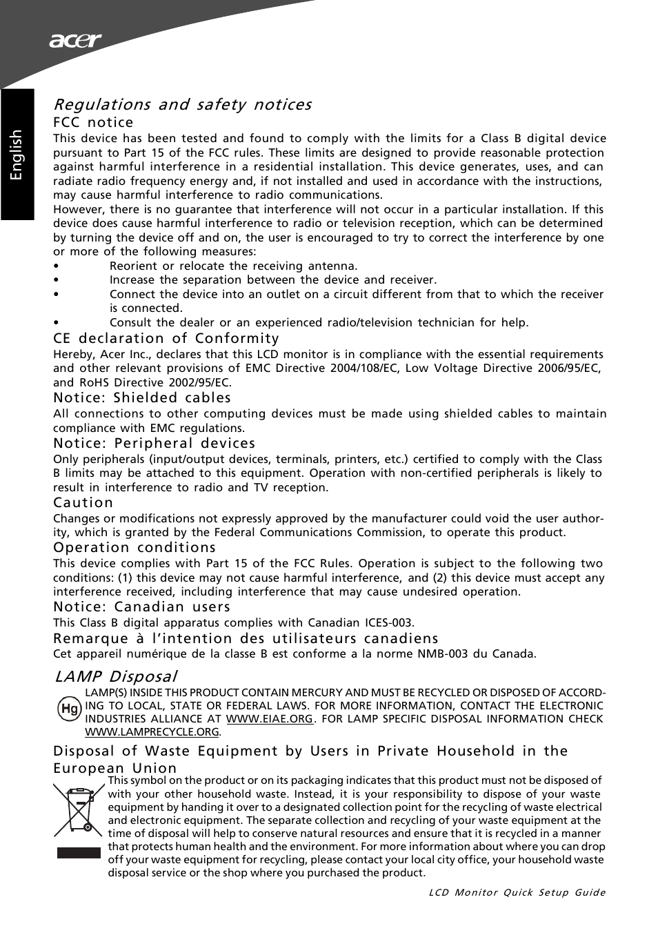 Lamp disposal, Regulations and safety notices, En gl is h | Acer G195W User Manual | Page 2 / 55