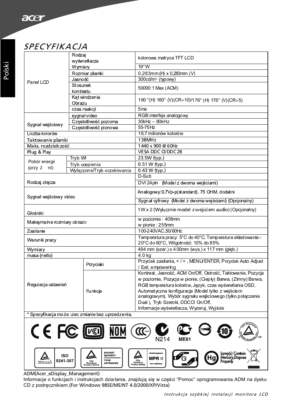 Specyfikacja, Po ls ki | Acer G195W User Manual | Page 20 / 55