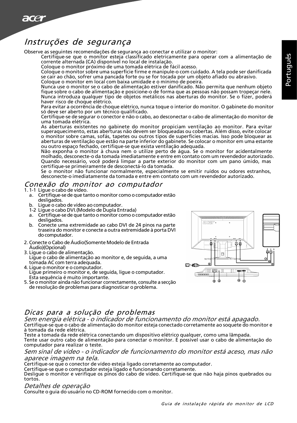 Instruções de segurança, Po rt ug uê s, Detalhes de operação | Acer G195W User Manual | Page 21 / 55