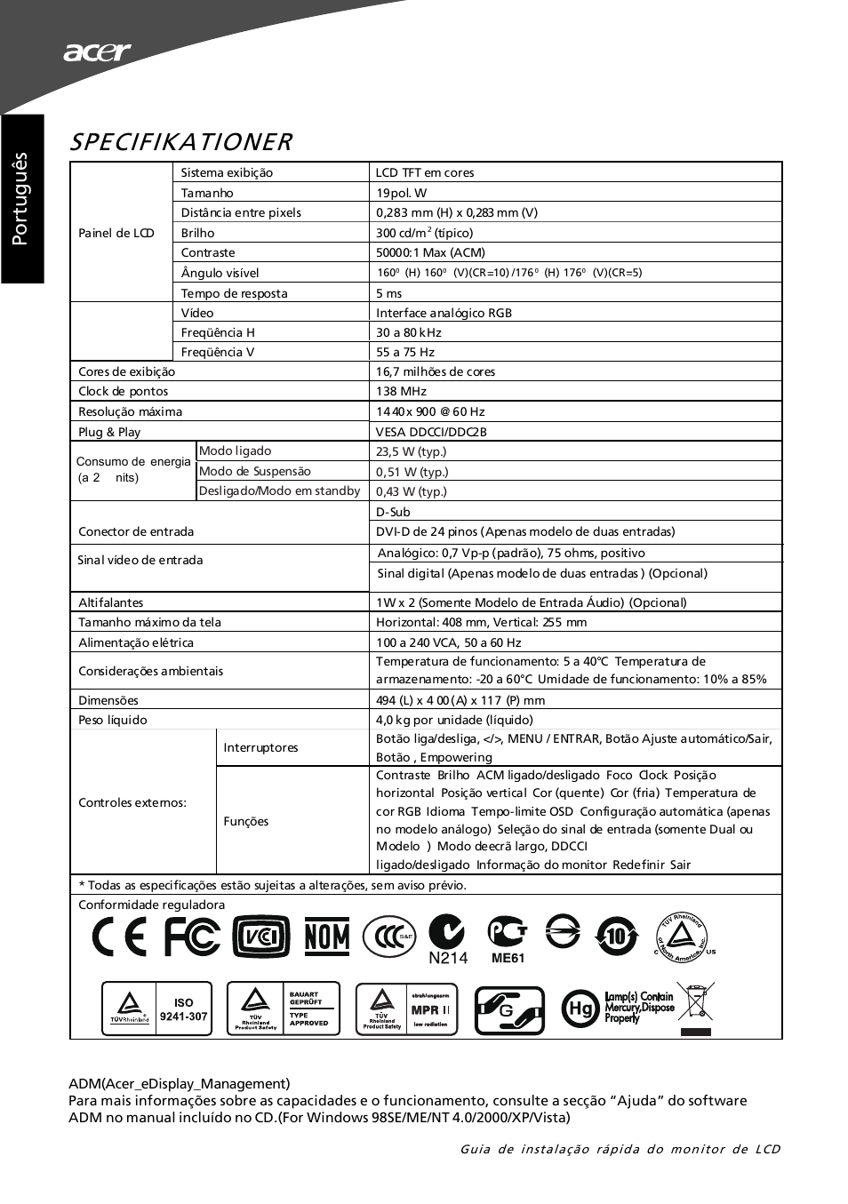 Specifikationer, Po rt ug uê s | Acer G195W User Manual | Page 22 / 55