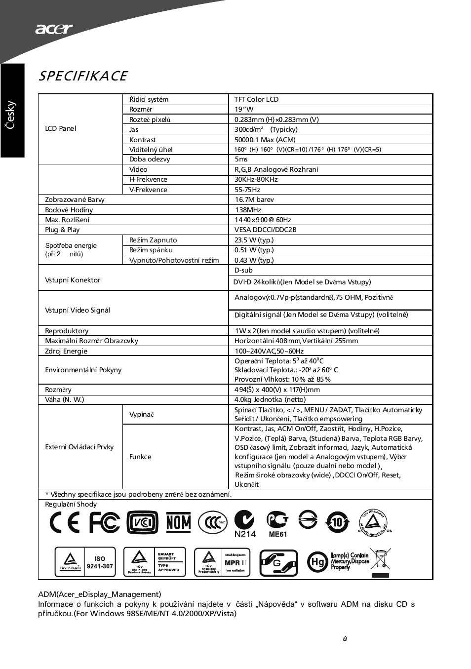 Specifikace, Čes ky | Acer G195W User Manual | Page 28 / 55