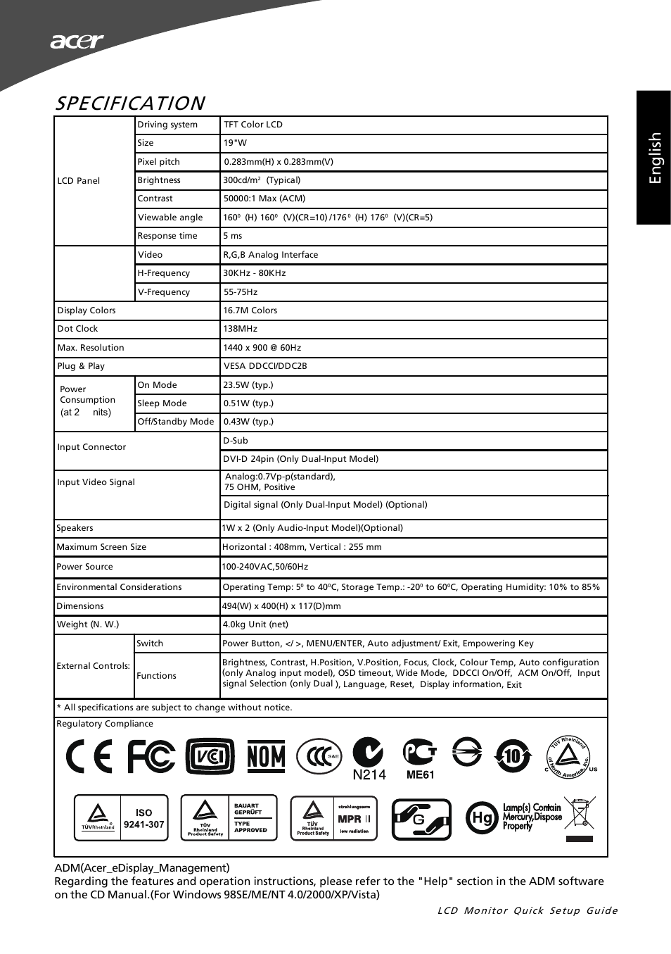 Specification, En gl is h | Acer G195W User Manual | Page 3 / 55