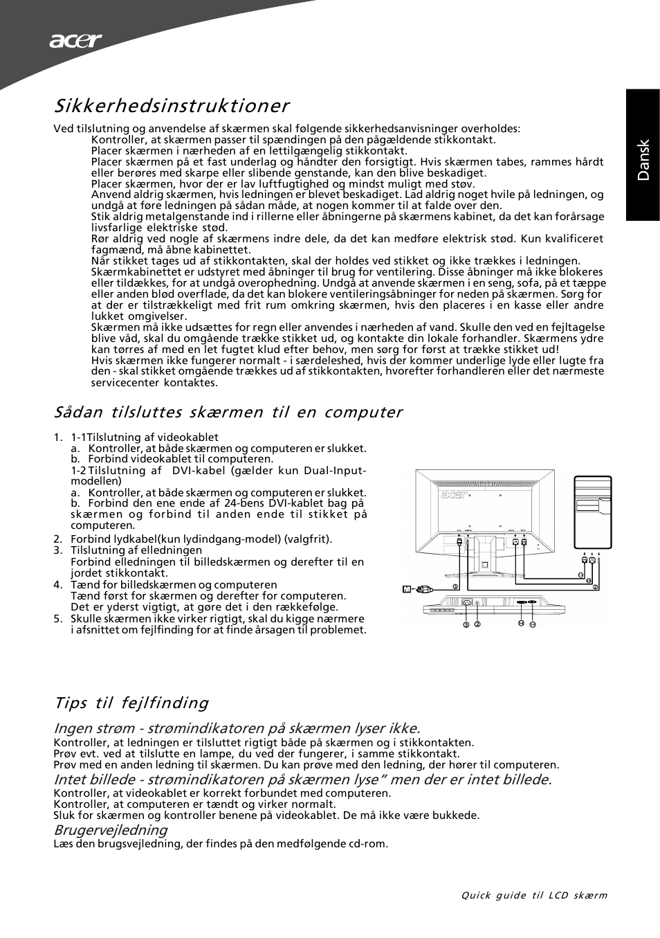 Sikkerhedsinstruktioner, Dan sk, Brugervejledning | Acer G195W User Manual | Page 33 / 55