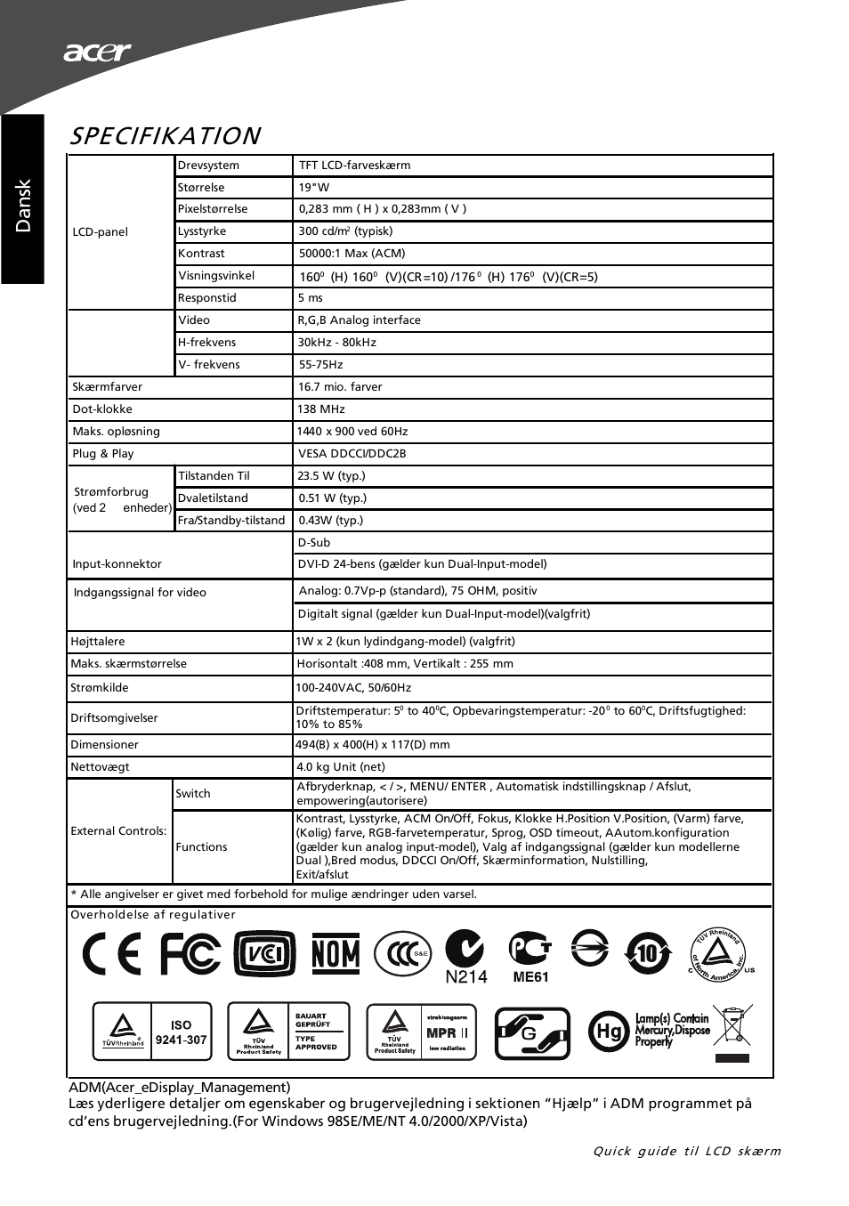 Specifikation, Dan sk | Acer G195W User Manual | Page 34 / 55