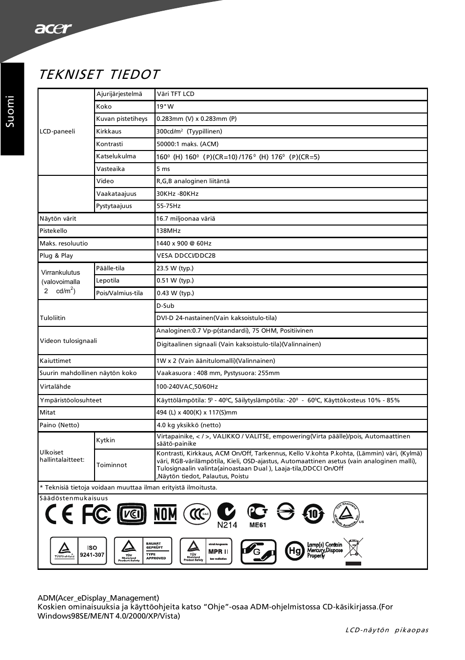 Tekniset tiedot, Su o m i | Acer G195W User Manual | Page 36 / 55
