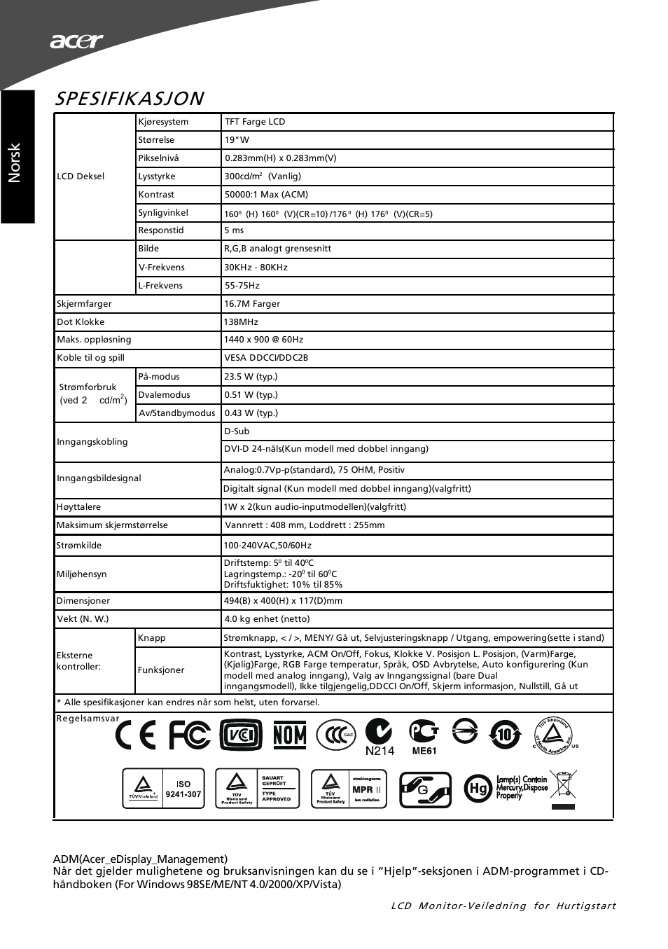 Spesifikasjon, Nor sk | Acer G195W User Manual | Page 38 / 55