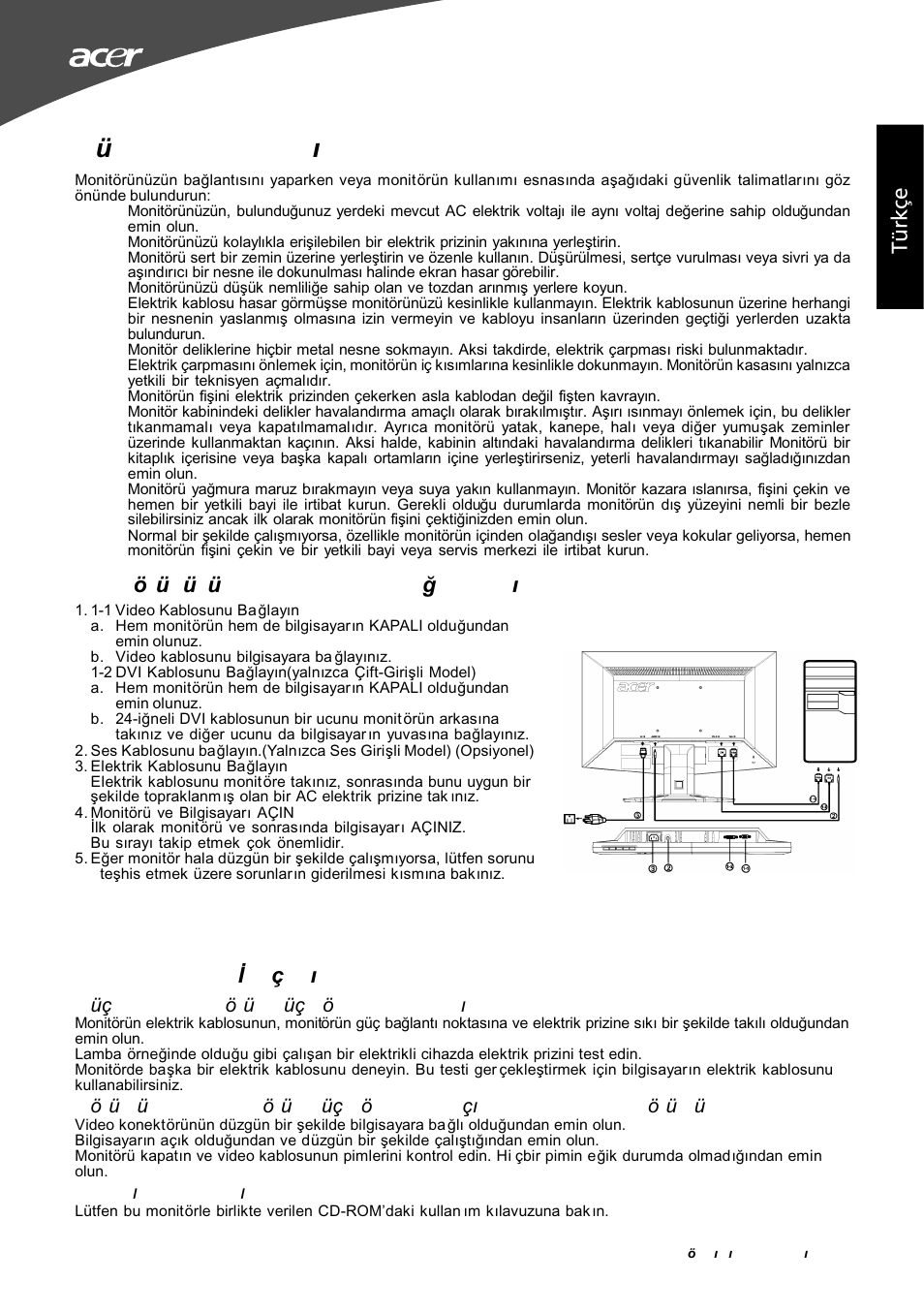 Güvenlik talimatları, Tü rk çe, Güç yok – monitörün güç göstergesi kapalı | Kullan ım detayları | Acer G195W User Manual | Page 39 / 55