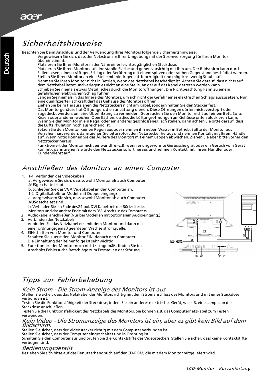 Sicherheitshinweise, Tipps zur fehlerbehebung, Anschließen des monitors an einen computer | Deu ts ch, Bedienungsdetails | Acer G195W User Manual | Page 4 / 55