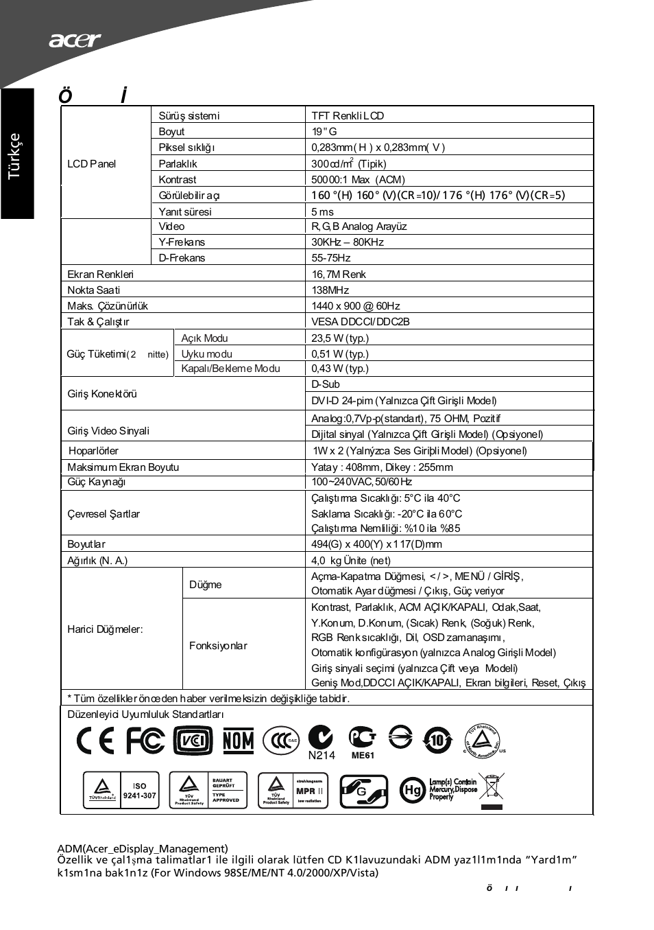 Özellikler, Tü rk çe | Acer G195W User Manual | Page 40 / 55