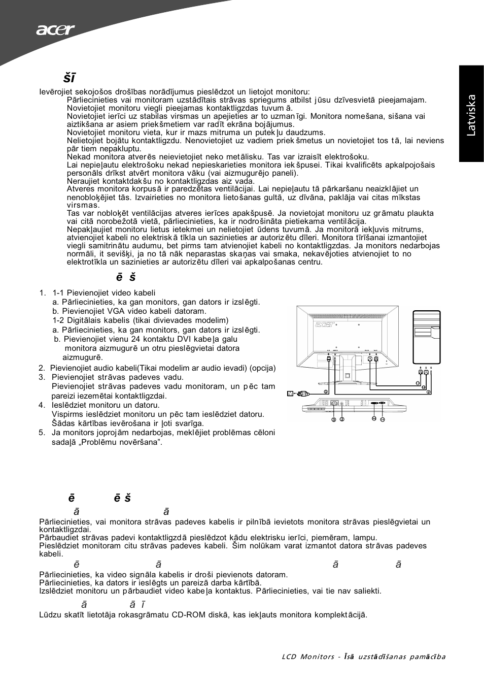 Dro šības instrukcijas, La tv is ka probl ēmu novēršana, Monitora piesl ēgšana datoram | Ekspluat ācijas norādījumi | Acer G195W User Manual | Page 41 / 55