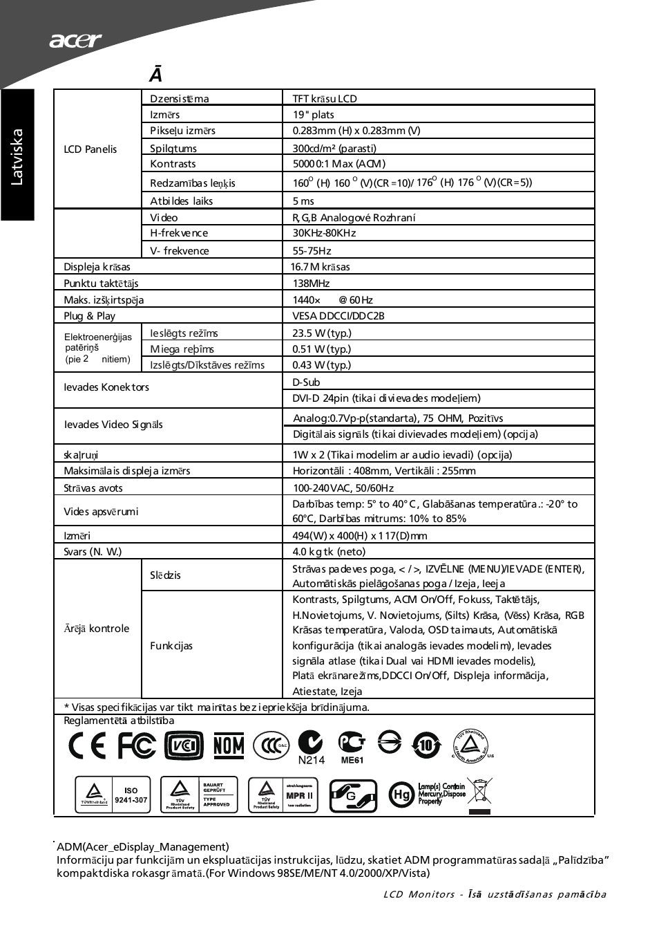 Specifik ācija, La tv is ka | Acer G195W User Manual | Page 42 / 55