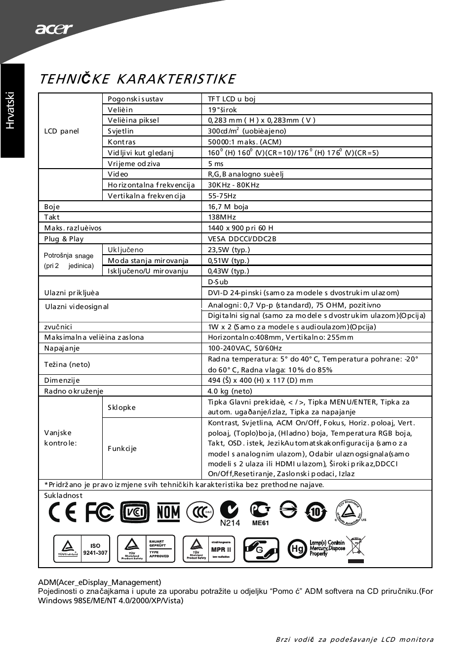 Tehni, Ke karakteristike, Hrv at sk i | Acer G195W User Manual | Page 46 / 55
