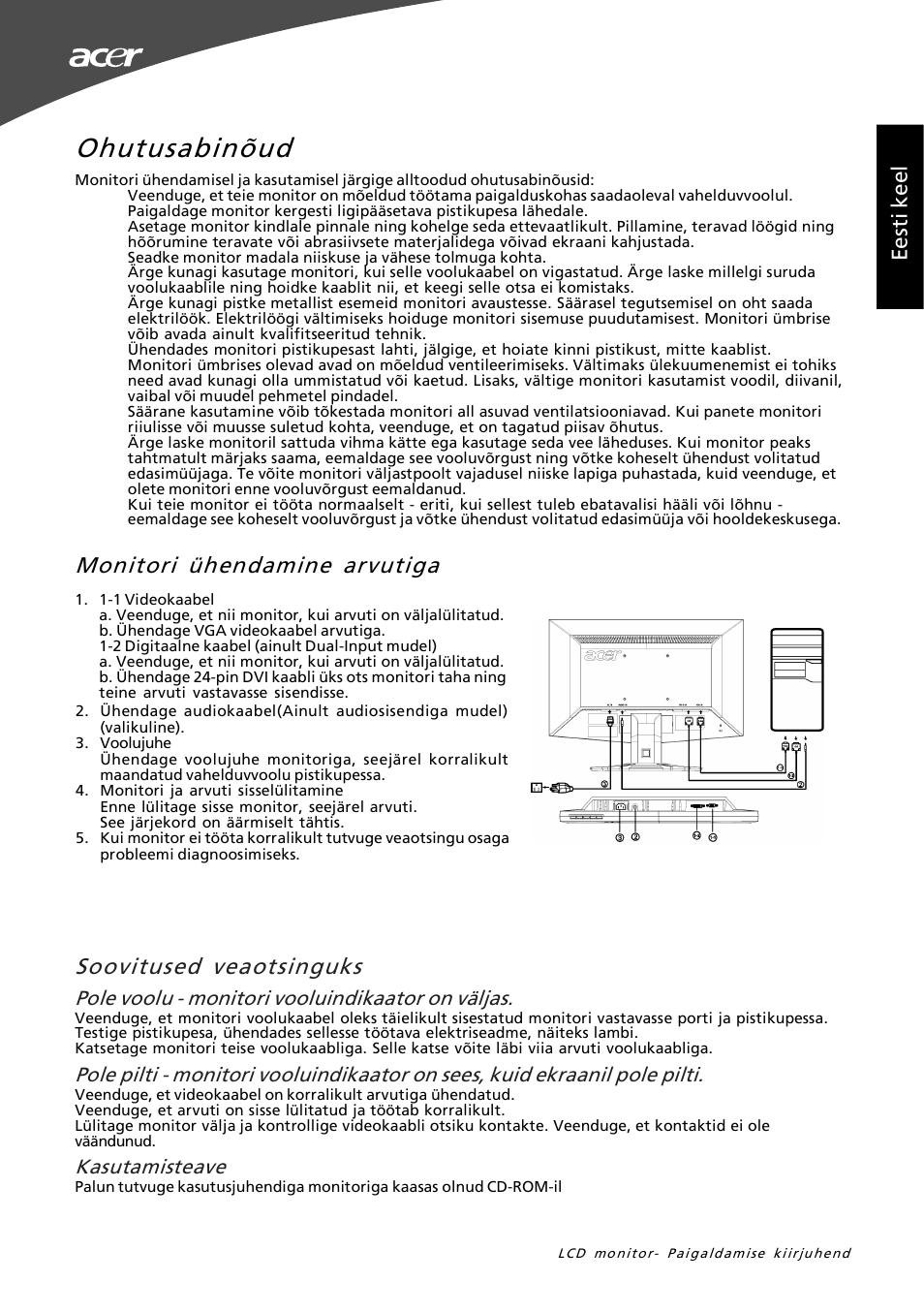 Ohutusabinõud, Ee st i k ee l, Pole voolu - monitori vooluindikaator on väljas | Kasutamisteave | Acer G195W User Manual | Page 49 / 55