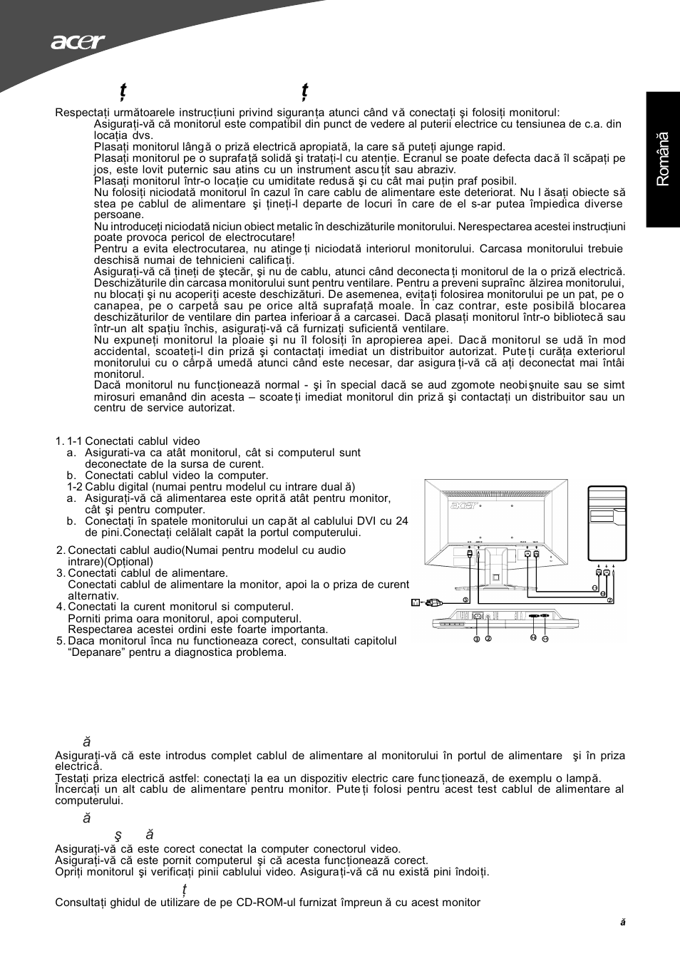 Instruc ţiuni privind siguranţa, Rom ân ă, Detalii privind func ţionarea | Acer G195W User Manual | Page 51 / 55