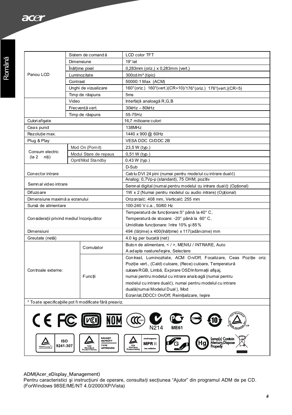 Specificatii, Rom ân ă | Acer G195W User Manual | Page 52 / 55