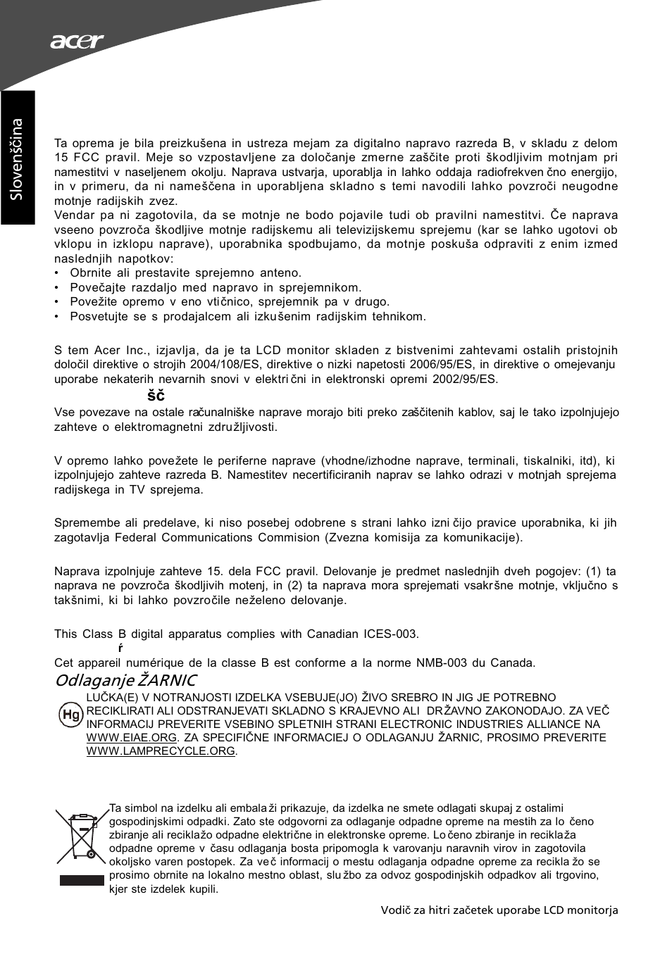 Odlaganje žarnic | Acer G195W User Manual | Page 54 / 55