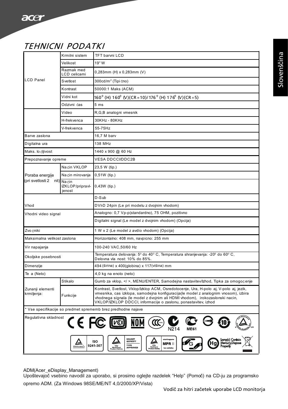 Tehnicni podatki, Sl ov en šč in a | Acer G195W User Manual | Page 55 / 55