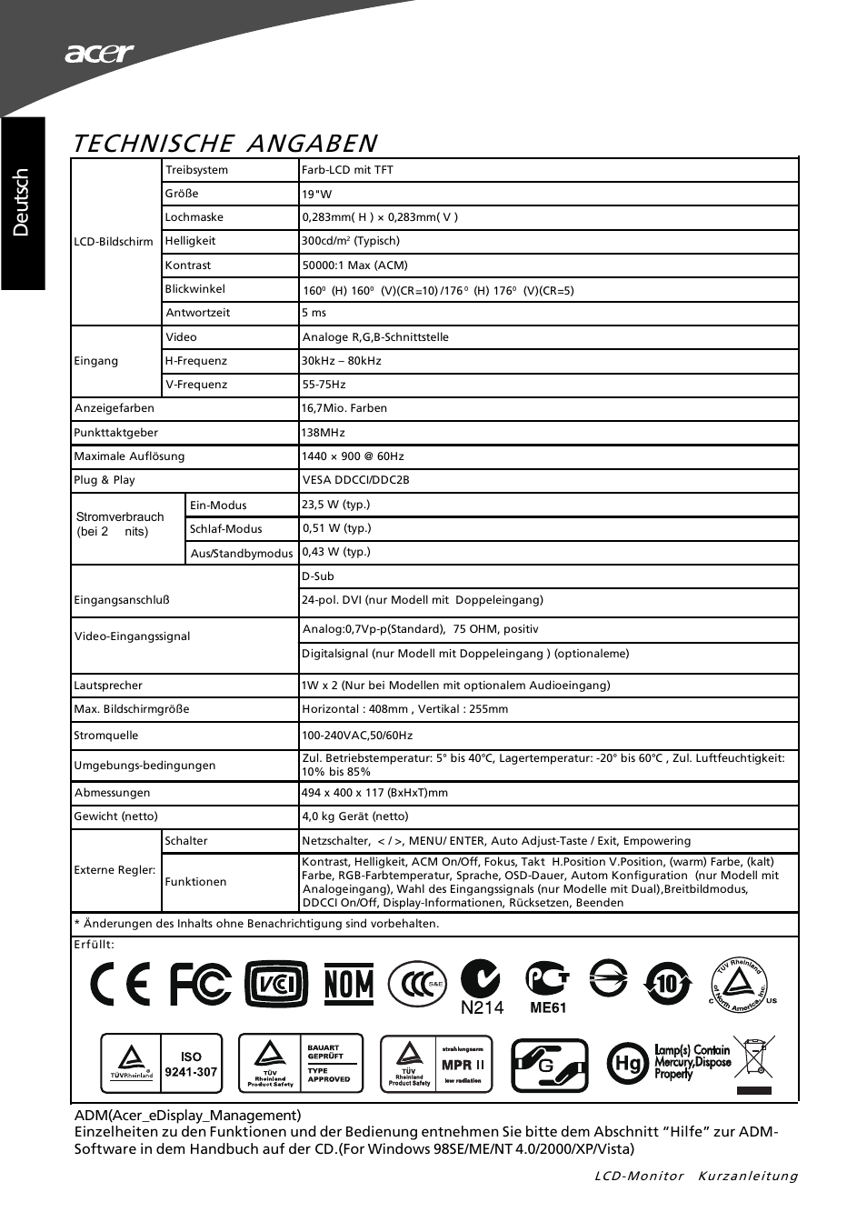 Technische angaben, Deu ts ch | Acer G195W User Manual | Page 6 / 55