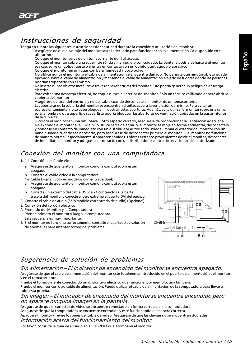 Instrucciones de seguridad, Es pa ño l, Información acerca del funcionamiento del monitor | Acer G195W User Manual | Page 7 / 55