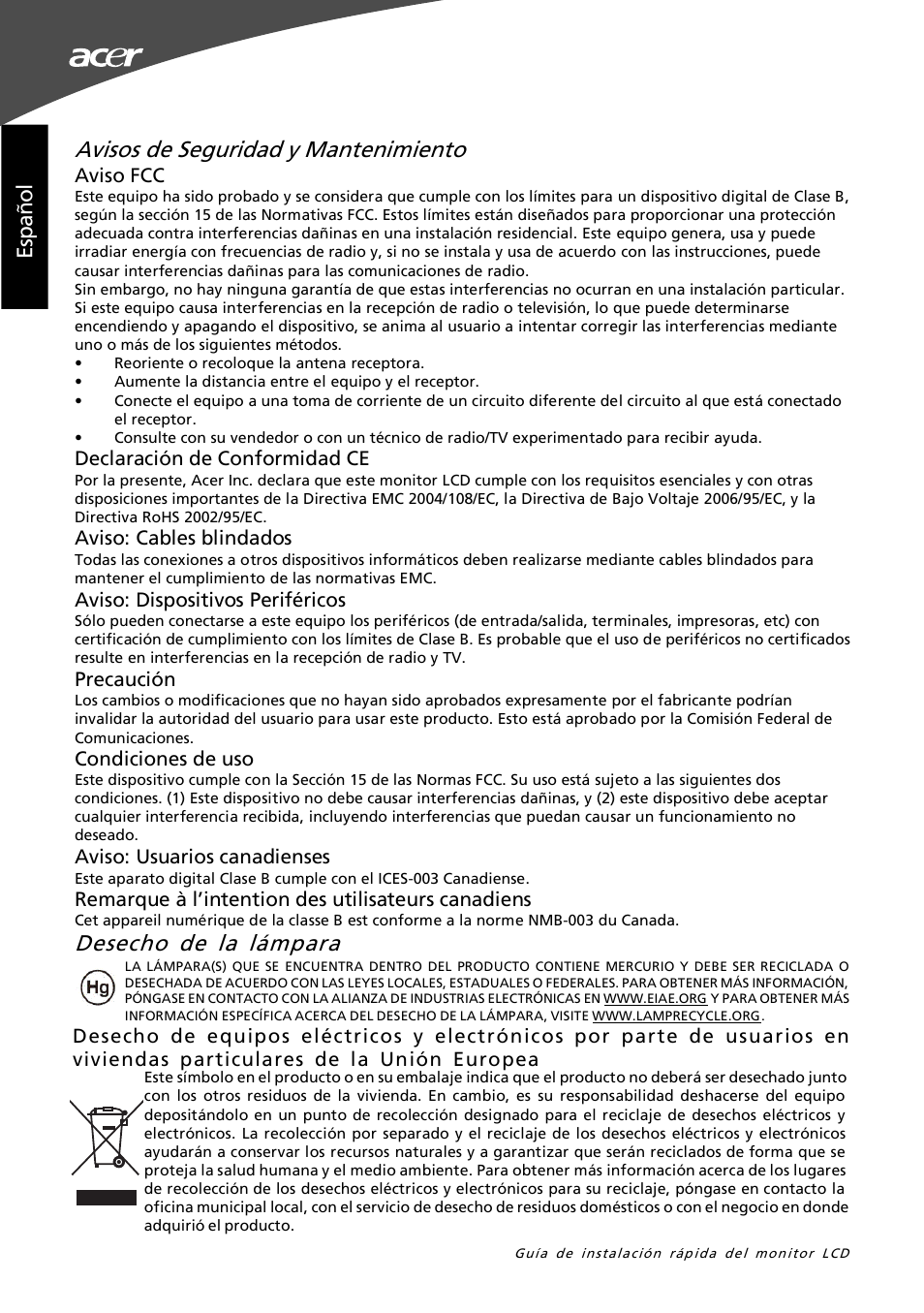 Avisos de seguridad y mantenimiento, Desecho de la lámpara, Es pa ño l es pa ño l | Acer G195W User Manual | Page 8 / 55