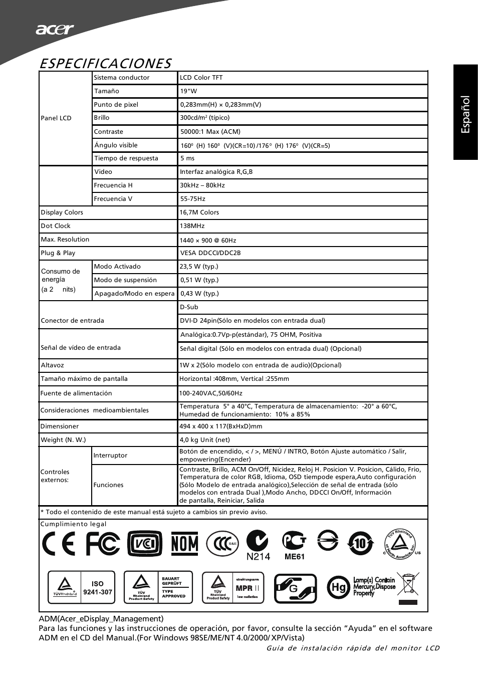 Especificaciones, Es pa ño l | Acer G195W User Manual | Page 9 / 55