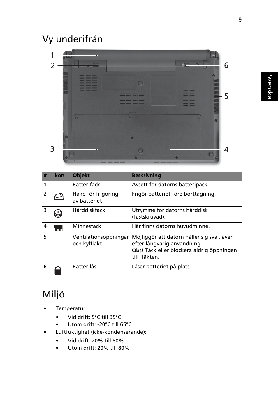 Vy underifrån, Miljö, Vy underifrån miljö | Acer Aspire 3820ZG User Manual | Page 103 / 313