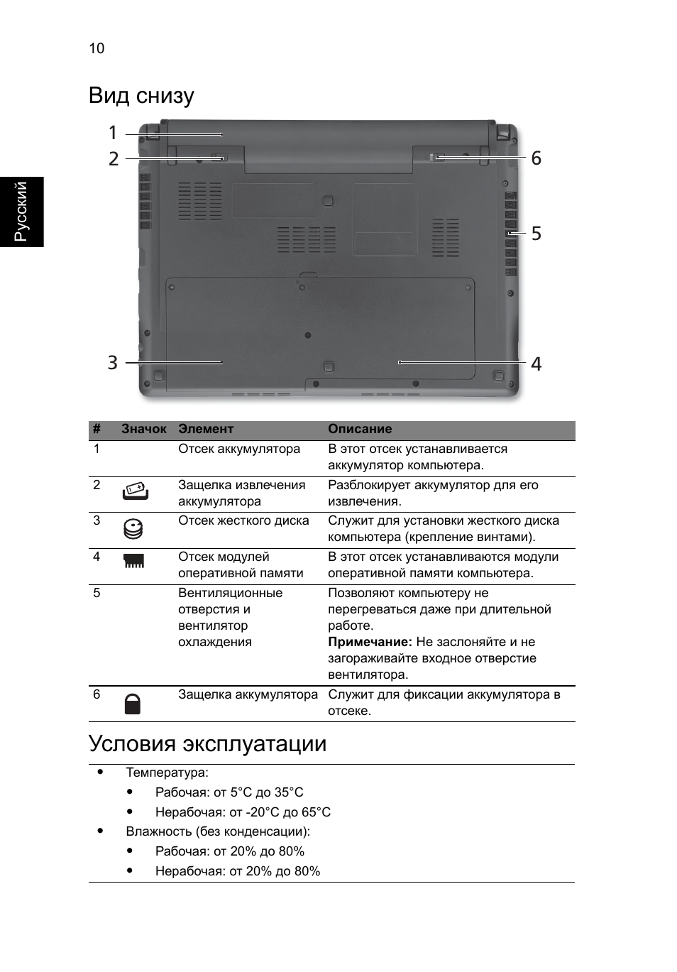 Вид снизу, Условия эксплуатации, Вид снизу условия эксплуатации | Acer Aspire 3820ZG User Manual | Page 124 / 313