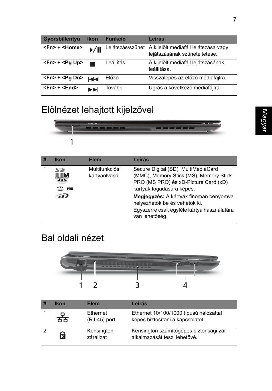 Elölnézet lehajtott kijelzővel, Bal oldali nézet, Elölnézet lehajtott kijelzővel bal oldali nézet | Acer Aspire 3820ZG User Manual | Page 141 / 313