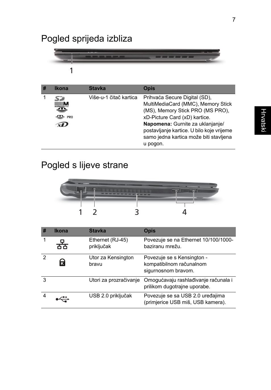 Pogled sprijeda izbliza, Pogled s lijeve strane, Pogled sprijeda izbliza pogled s lijeve strane | Acer Aspire 3820ZG User Manual | Page 181 / 313