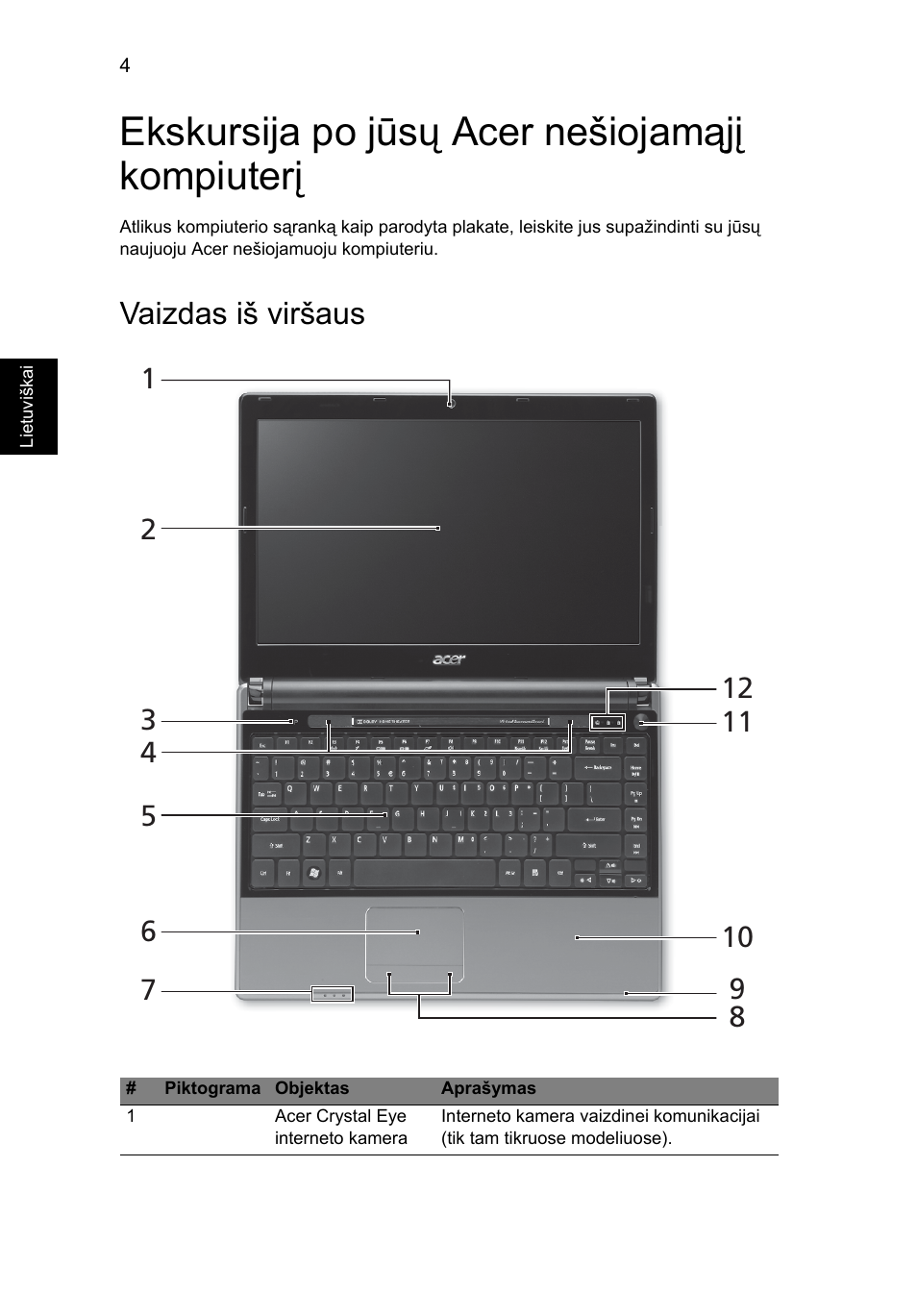 Ekskursija po jūsų acer nešiojamąjį kompiuterį, Vaizdas iš viršaus | Acer Aspire 3820ZG User Manual | Page 228 / 313