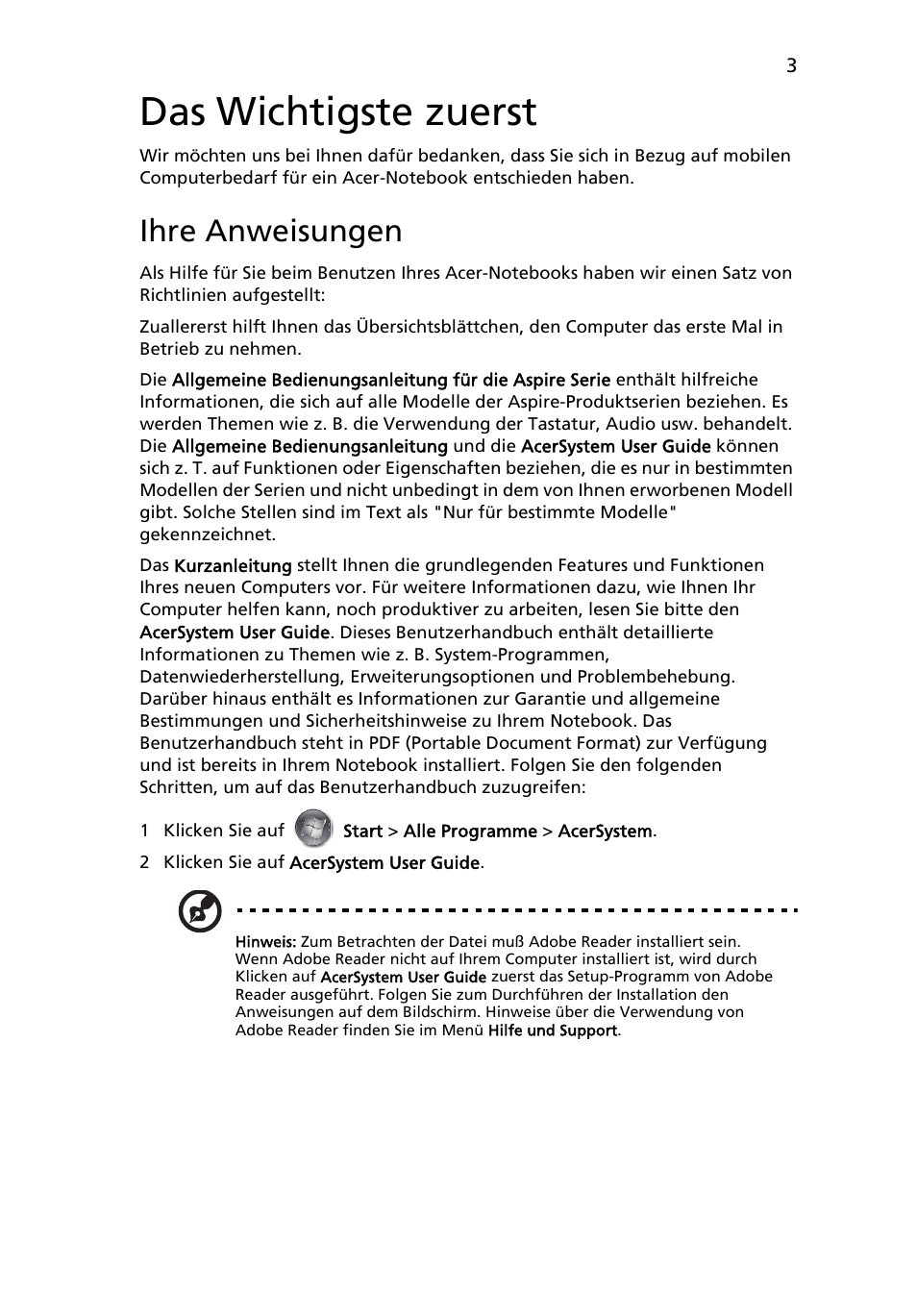 Das wichtigste zuerst, Ihre anweisungen | Acer Aspire 3820ZG User Manual | Page 25 / 313