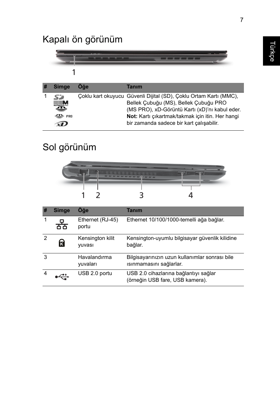 Kapalı ön görünüm, Sol görünüm, Kapalı ön görünüm sol görünüm | Acer Aspire 3820ZG User Manual | Page 251 / 313