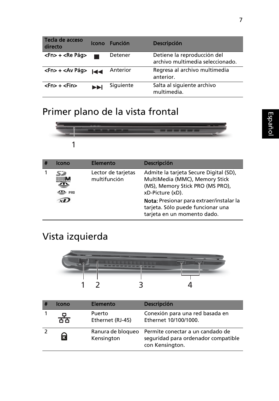 Primer plano de la vista frontal, Vista izquierda, Primer plano de la vista frontal vista izquierda | Acer Aspire 3820ZG User Manual | Page 49 / 313