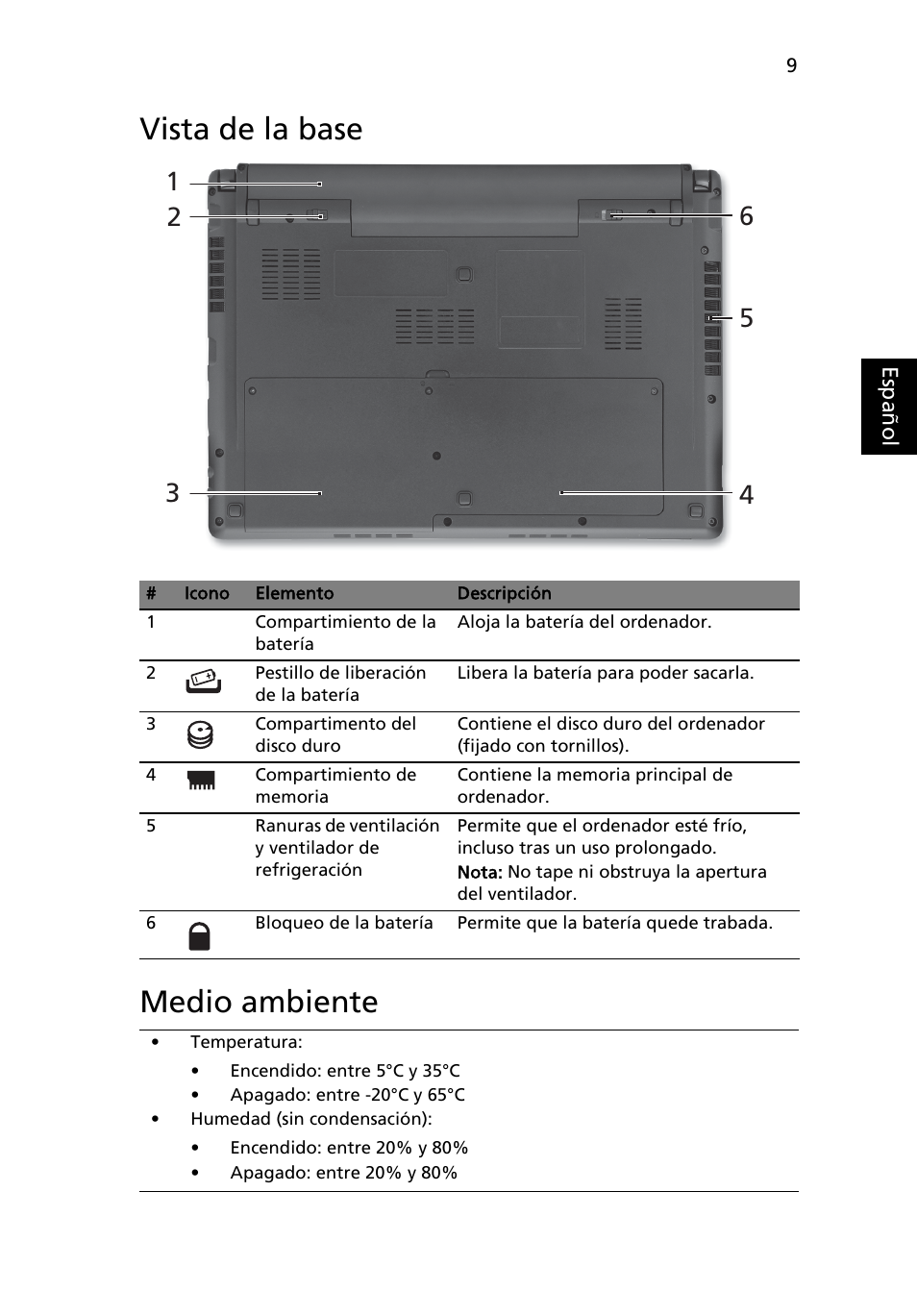 Vista de la base, Medio ambiente, Vista de la base medio ambiente | Acer Aspire 3820ZG User Manual | Page 51 / 313