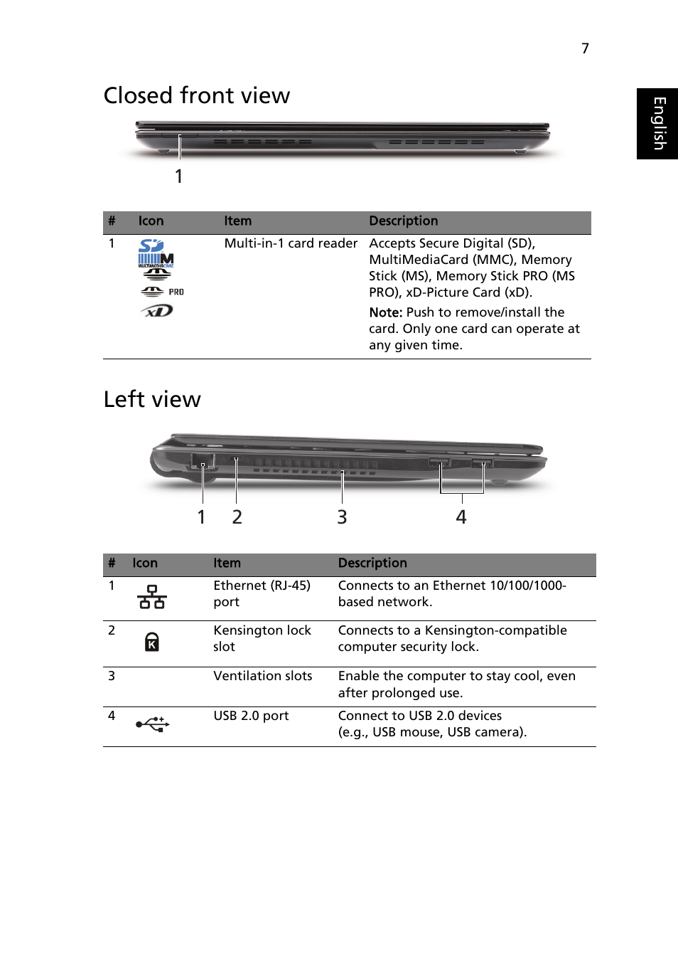 Closed front view, Left view, Closed front view left view | Acer Aspire 3820ZG User Manual | Page 9 / 313