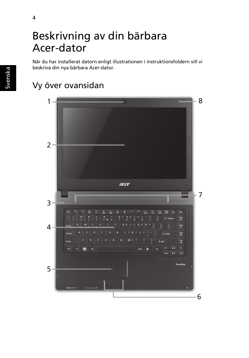 Beskrivning av din bärbara acer-dator, Vy över ovansidan | Acer TravelMate 4750ZG User Manual | Page 100 / 315