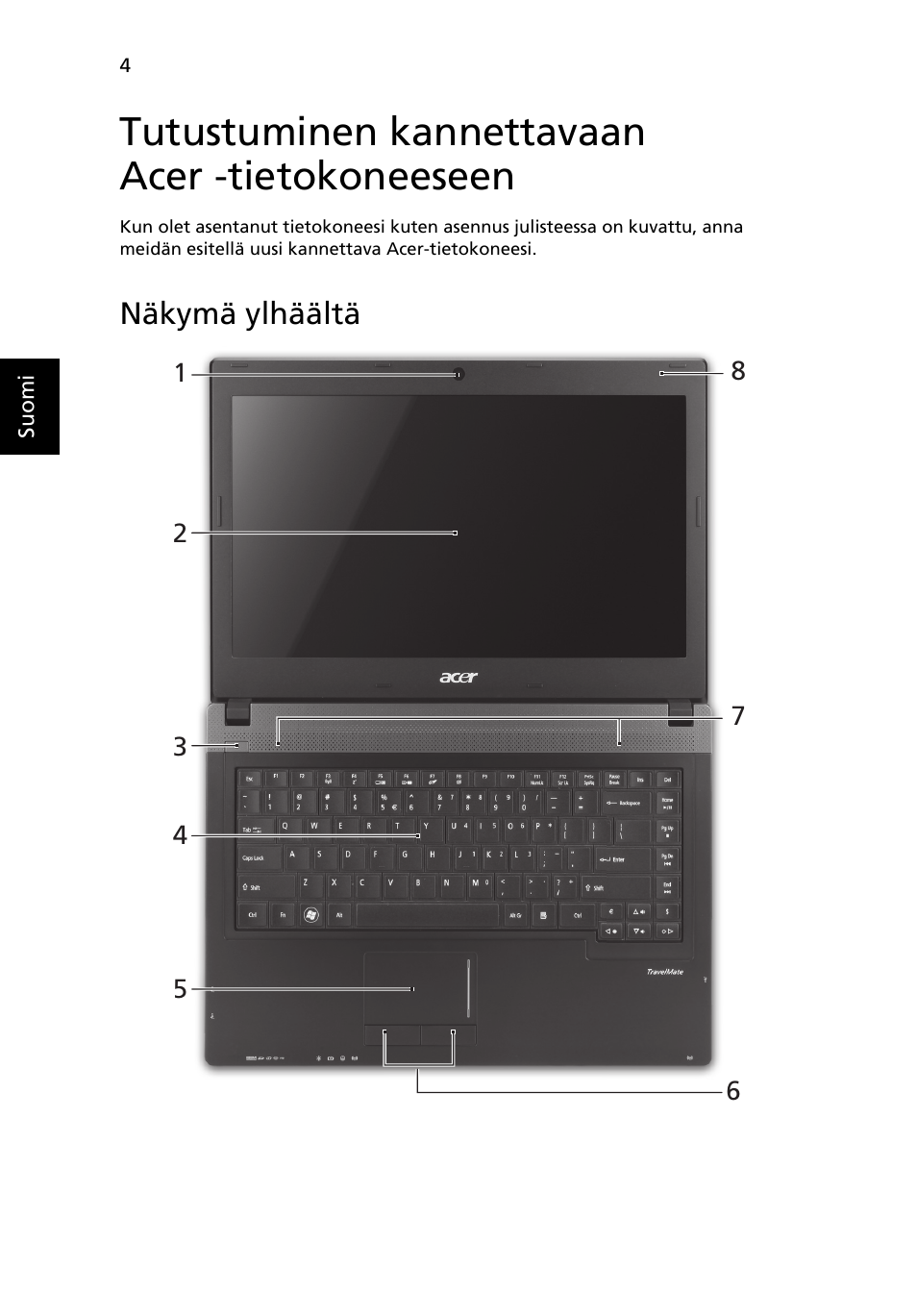 Tutustuminen kannettavaan acer -tietokoneeseen, Näkymä ylhäältä | Acer TravelMate 4750ZG User Manual | Page 110 / 315
