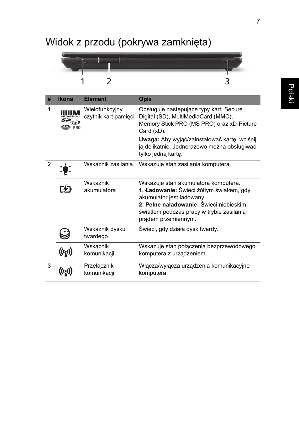 Widok z przodu (pokrywa zamknięta) | Acer TravelMate 4750ZG User Manual | Page 133 / 315