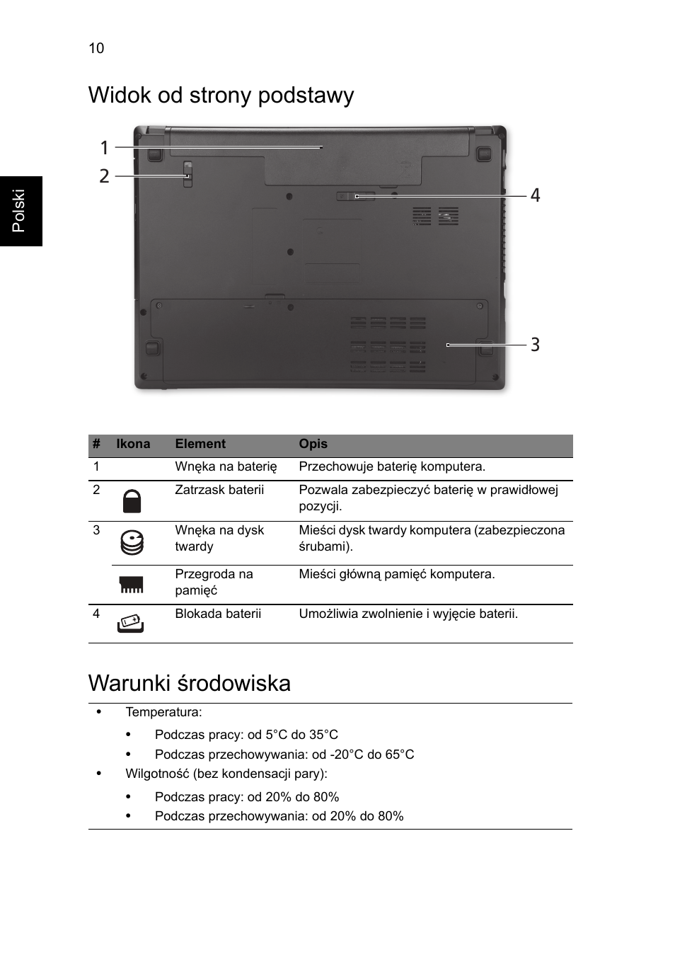 Widok od strony podstawy, Warunki środowiska, Widok od strony podstawy warunki środowiska | Acer TravelMate 4750ZG User Manual | Page 136 / 315