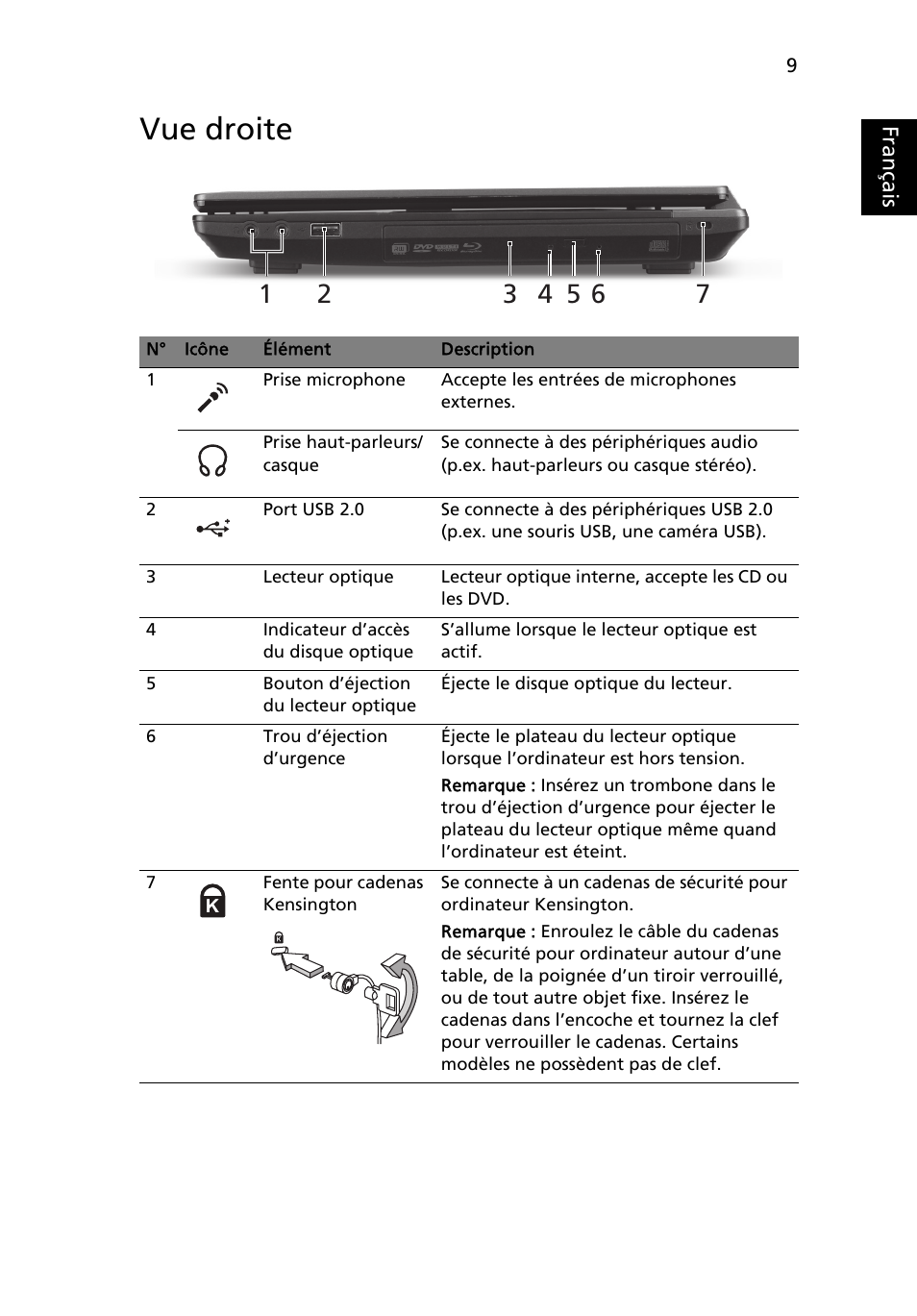 Vue droite, Français | Acer TravelMate 4750ZG User Manual | Page 21 / 315