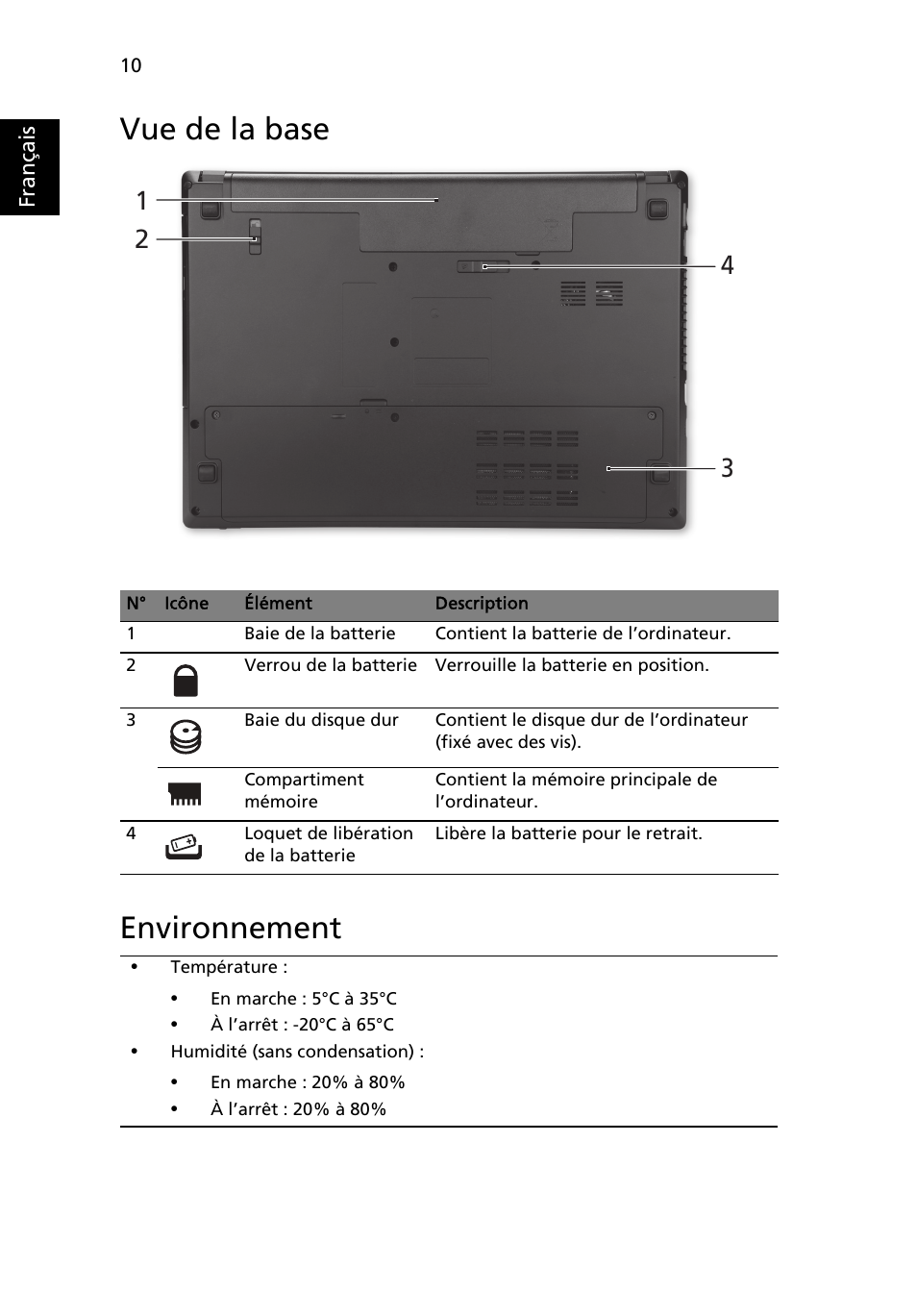 Vue de la base, Environnement, Vue de la base environnement | Acer TravelMate 4750ZG User Manual | Page 22 / 315